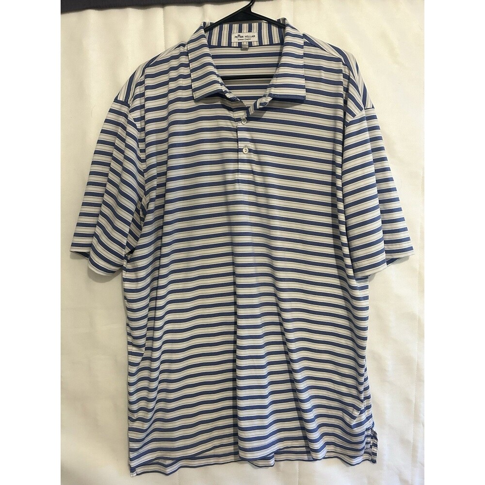 Peter Millar Men's Summer Comfort Short Sleeve White Blue Striped Golf Polo XXL